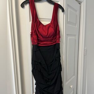Dress size 6, Red satin top with black gathered skirt.